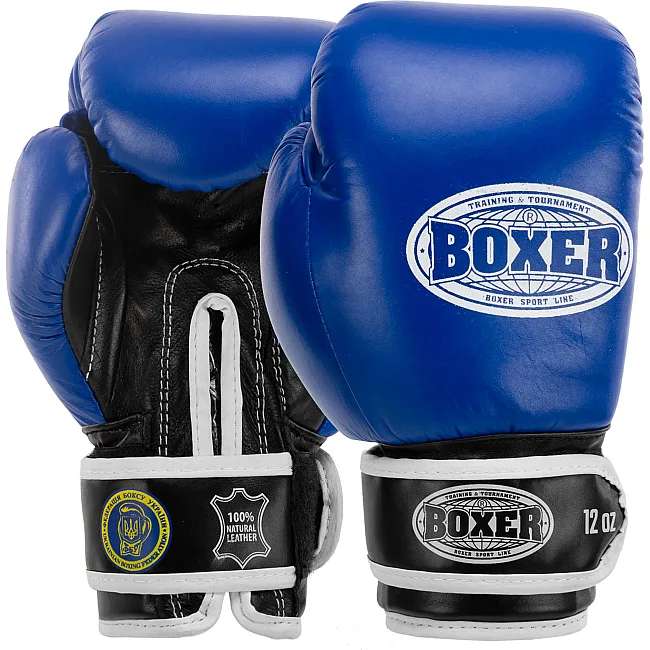 Распродажа! Перчатки для бокса профессиональные кожаные ФБУ BOXER Profi BO-2001 10-12унций (Синий-черный)