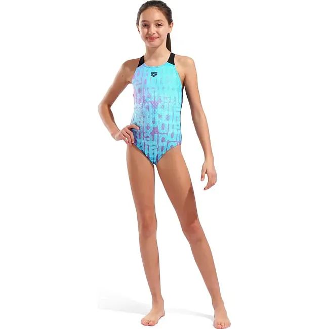 Купальник закрытый для девочек Arena MULTI COLOURS SWIMSUIT V BACK голубой, черный