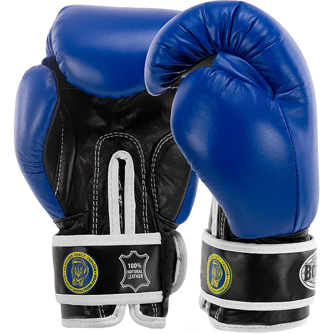 Распродажа! Перчатки для бокса профессиональные кожаные ФБУ BOXER Profi BO-2001 10-12унций (Синий-черный)