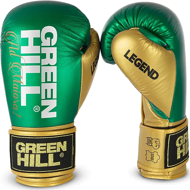 Боксерские перчатки LEGEND PLATINUM Green Hill (зеленые/золотые)