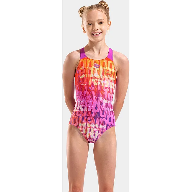 Купальник закрытый для девочек Arena MULTI COLOURS SWIMSUIT V BACK розовый, оранжевый (для детей)