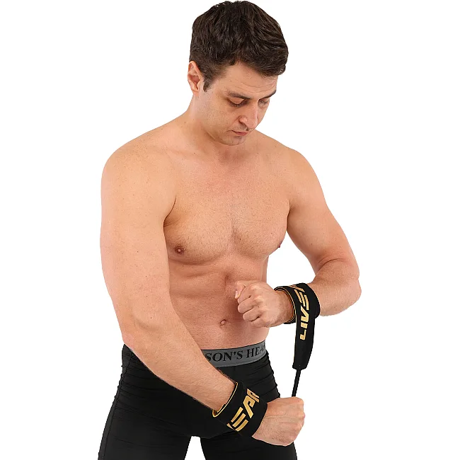 Ремни для тяги кистевые с усилением хвата для штанги и тренажеров POWER STRAP LiveUp LP8775 2шт (Черный-золотой)