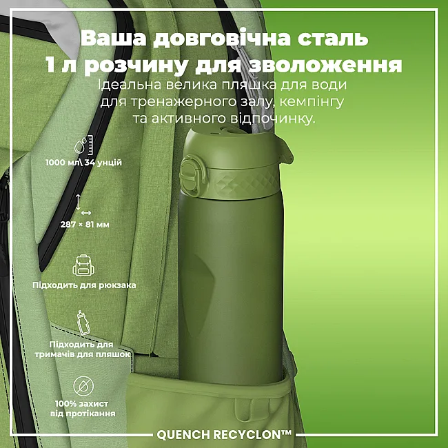 Бутылка для воды ION8 1000мл. (ЭКО бутылка) BPA Free, Khaki Green