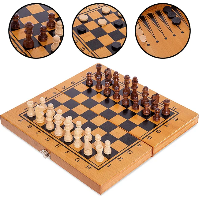 Шахматы шашки нарды 3 в 1 набор настольных игр из бамбука SP-SPORT
 341-161
 30х30см