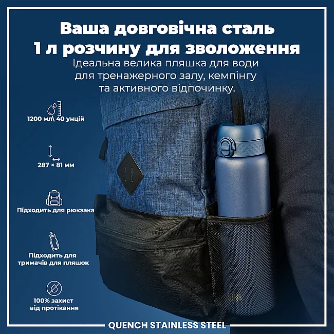 Бутылка для воды металлическая ION8 1200 мл. Stainless Steel , Ash Navy
