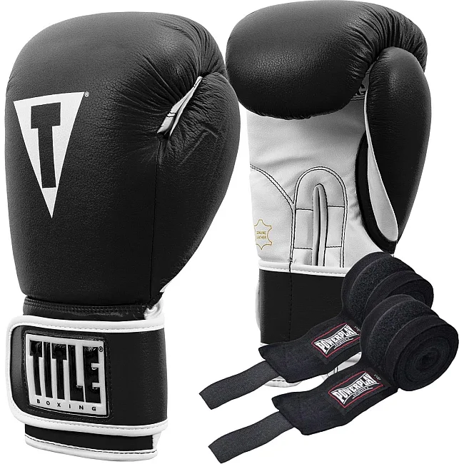 Боксерские перчатки TITLE Boxing Pro Style Leather Gloves 3.0 Black/White (бинты 4м. в комплекте)