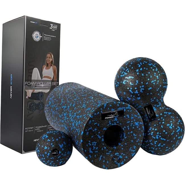 Набор для йоги POWERPLAY PP_4008 EPP Foam Roller Set роллер + 2 массажные мячи Черно-синий