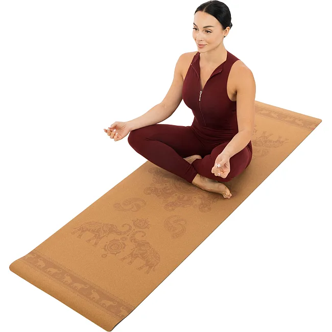 Коврик для йоги Пробковый каучуковый двухслойный Yoga mat RECORD
 FI-7156-1 183x61мx0.4cм с принтом Марш Слонов