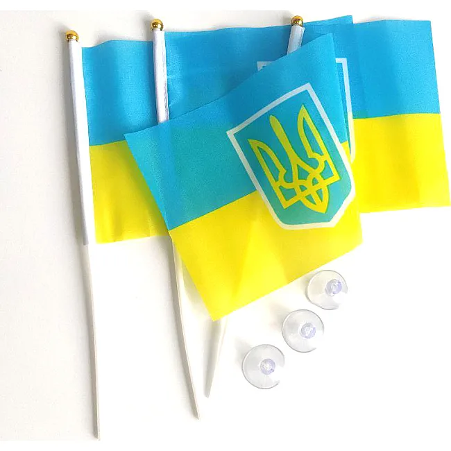 Флажок Украины с Гербом набор из 3-х штук полиэстер 14x21 см на палочке с присоской.