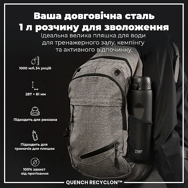 Бутылка для воды ION8 1000мл. (ЭКО бутылка) BPA Free, Black