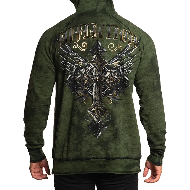 Двосторонняя толстовка AFFLICTION Stone Grail Rev PO Mil.Green Crystal Wash/Black