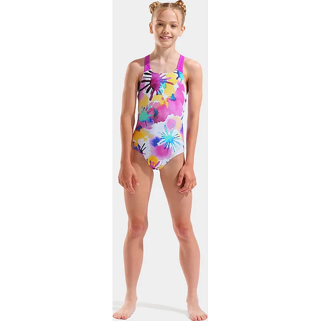 Купальник закрытый для девочек Arena SPRAYING SWIMSUIT SWIM PRO BAC белый, розовый (для детей)