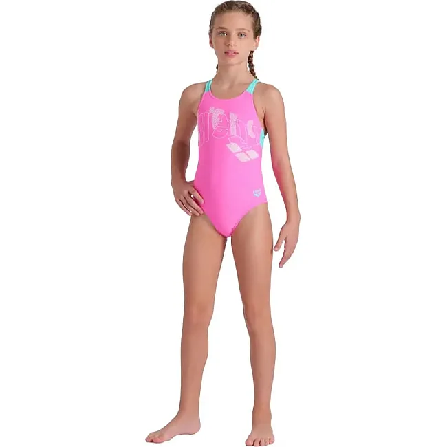 Купальник закрытый для девочек Arena TALES SWIMSUIT V BACK розовый, бирюзовый