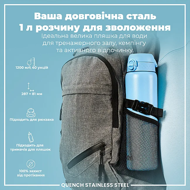 Пляшка для води металева ION8 1200 мл. Stainless Steel , Alaskan Blue