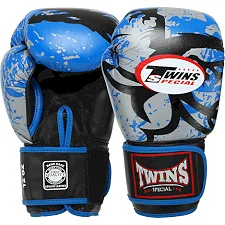 Перчатки для бокса кожаные TWINS TRIBAL BO-9952 (Синий-черный)
