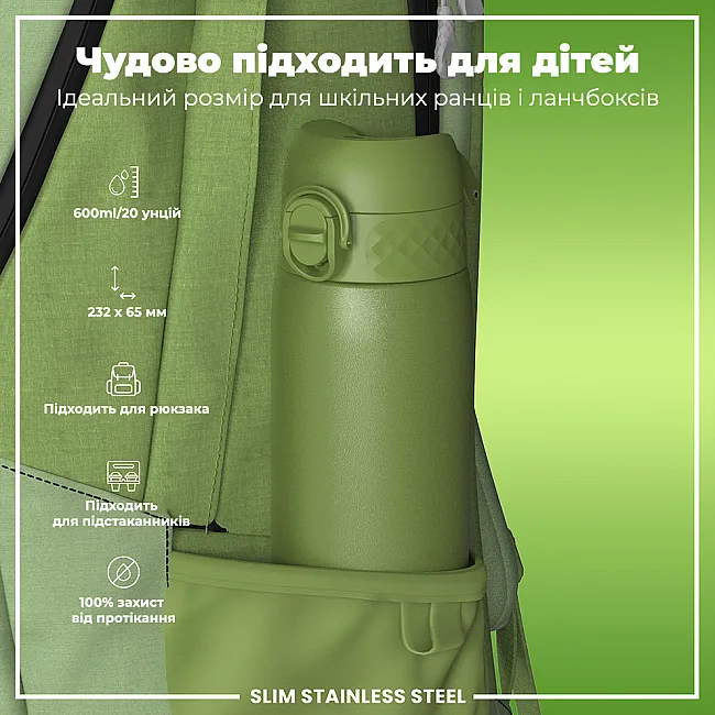 Бутылка для воды металлическая ION8 600 мл. Stainless Steel, Khaki Green
