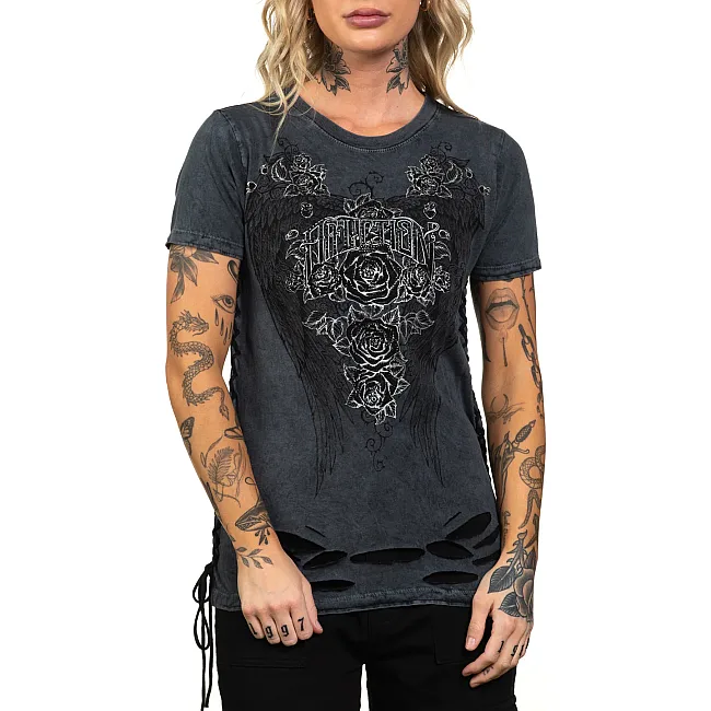 Женская футболка AFFLICTION Secret Garden Charcoal Black Lava Tint