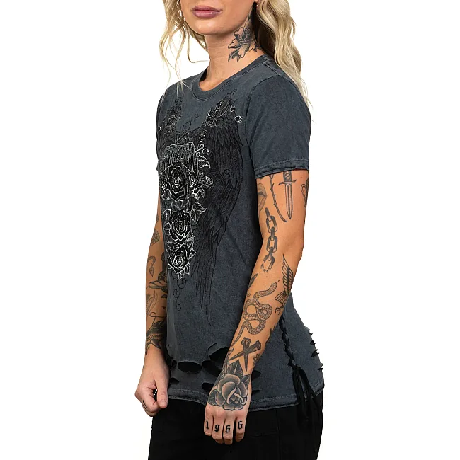 Женская футболка AFFLICTION Secret Garden Charcoal Black Lava Tint