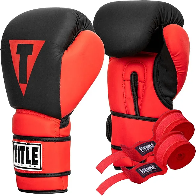Боксерские перчатки TITLE Boxing Guts and Glory Black/Red (бинты 4м. в комплекте)