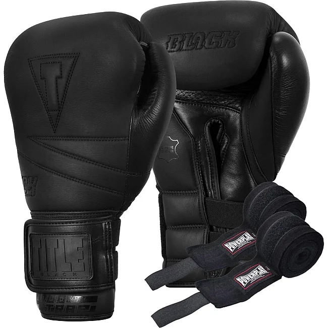 Боксерские перчатки TITLE Black Bolstered Leather Black (бинты 4м. в комплекте)