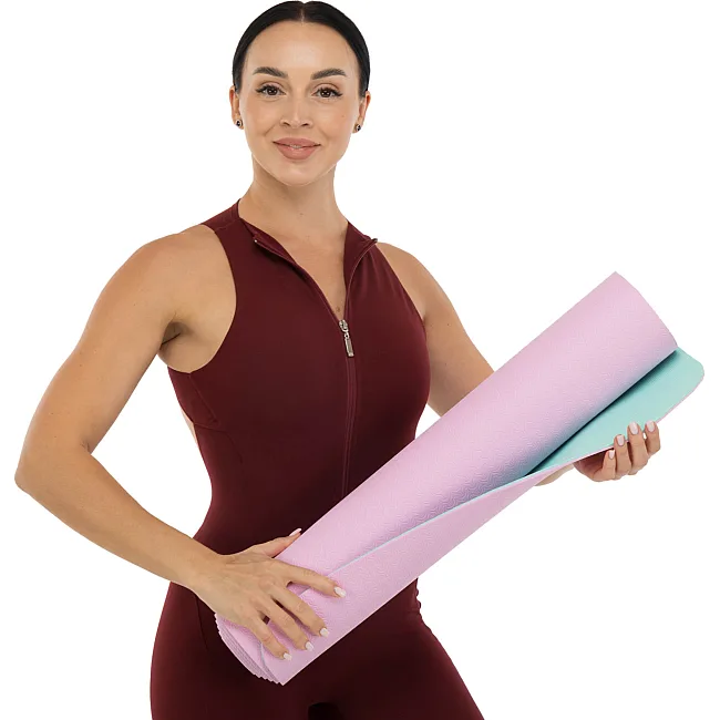 Коврик для йоги и фитнеса TPE двухслойный ZELART FI-1515 183x61x0,4см (Розовый-мятный)