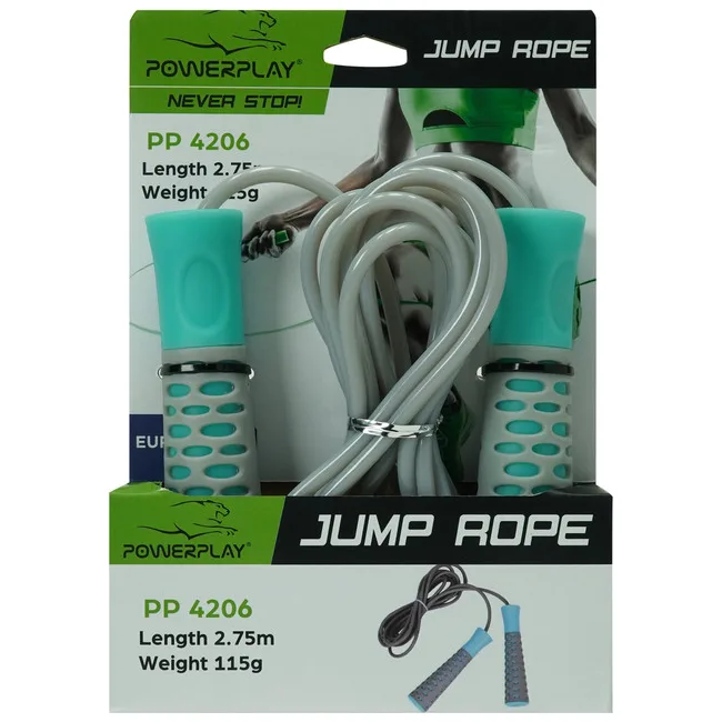 Скакалка POWERPLAY 4206 PRO+ Серо-мятная (2,75м)