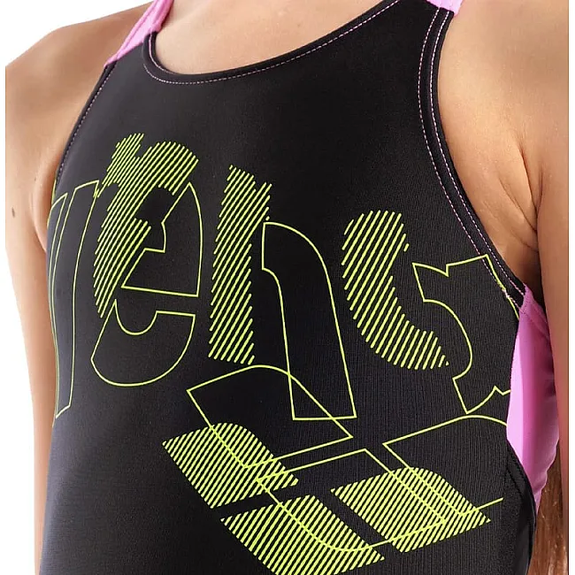 Купальник закритий для дівчат Arena TALES SWIMSUIT V BACK чорний, жовтий, рожевий