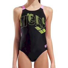 Купальник закрытый для девочек Arena TALES SWIMSUIT V BACK черный, желтый, розовый