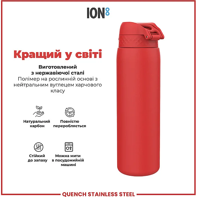 Бутылка для воды металлическая ION8 1200 мл. Stainless Steel, Red