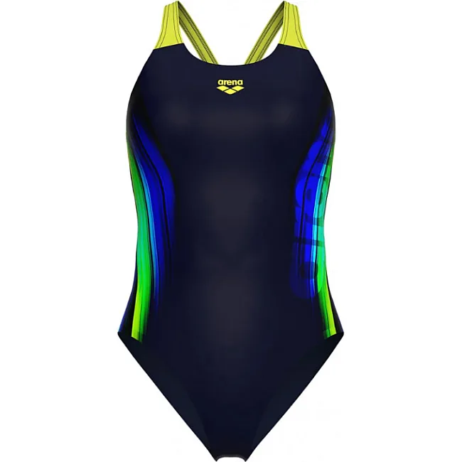 Купальник закрытый для женщин Arena BREATH SWIMSUIT V BACK LB черный, желтый, зеленый, синий