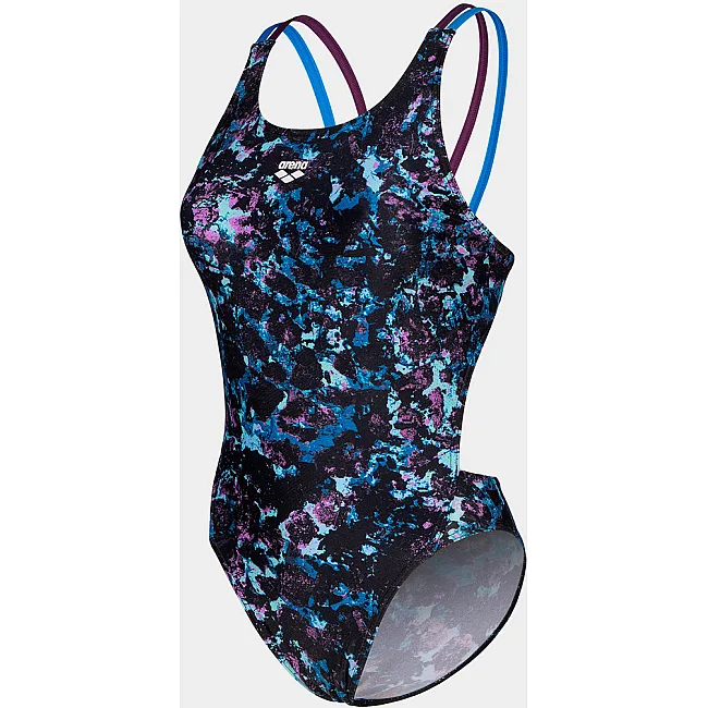 Купальник закрытый для женщин Arena ROCKIN SWIMSUIT SWIM TECH MULT черный, синий, фиолетовый