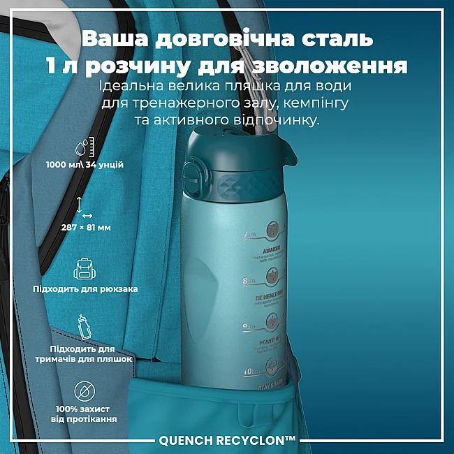Бутылка для воды ION8 1000мл. BPA Free, Times To Drink, (ЭКО бутылка) BPA Free, Teal &amp; Blue