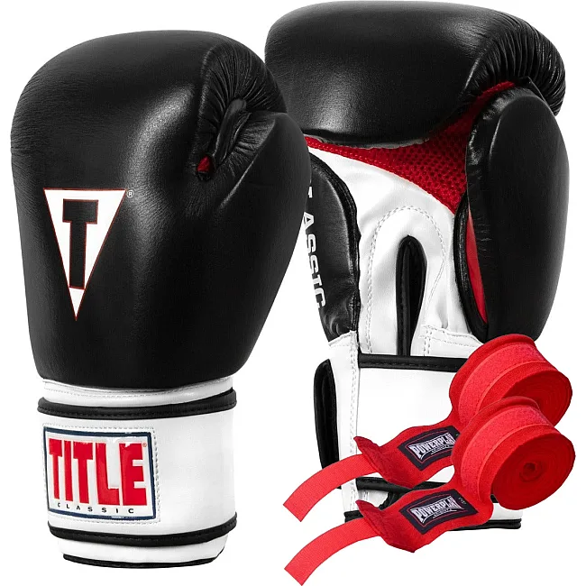 Боксерские перчатки TITLE Classic Leather 2.0 Black/White/Red (бинты 4м. в комплекте)