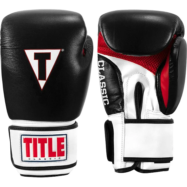 Боксерские перчатки TITLE Classic Leather 2.0 Black/White/Red (бинты 4м. в комплекте)