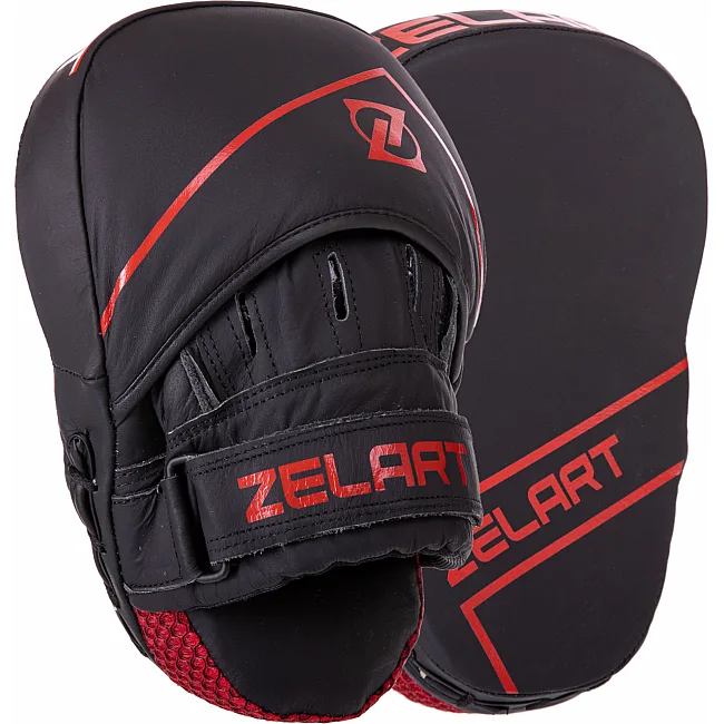 Лапа боксерская изогнутая тренировочная кожа ZELART VL-3148 25x18x5см 2штуки (Черный-красный)