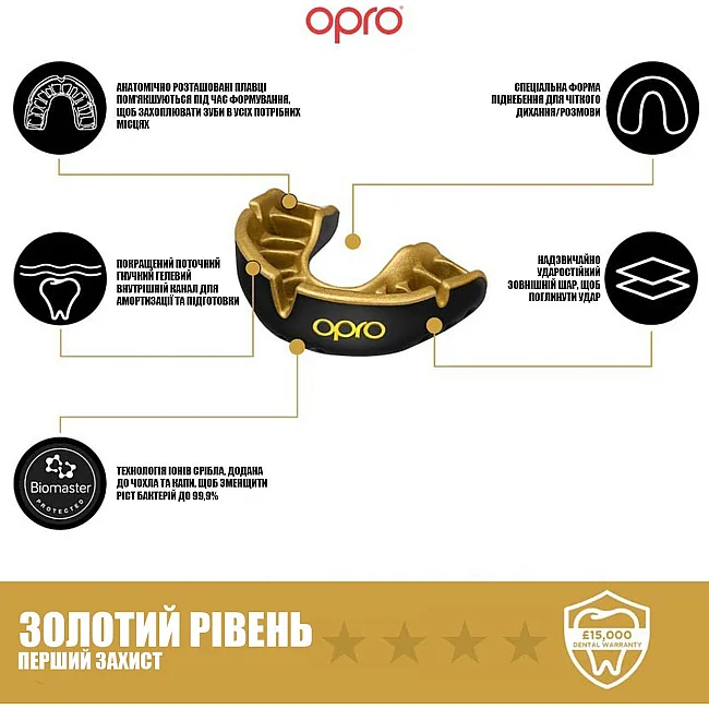 Капа для бокса OPRO Gold детская (возраст до 10 лет) Black/Gold (art.102505001)