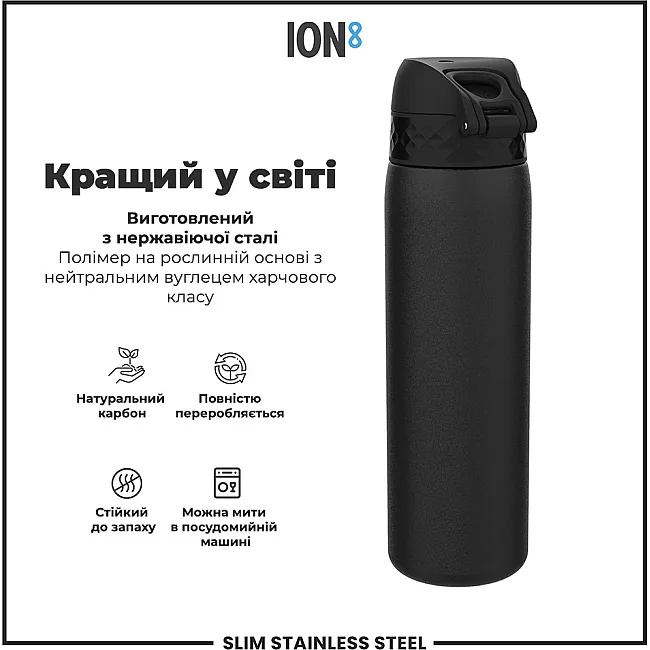 Бутылка для воды металлическая ION8 600 мл. Stainless Steel, Black