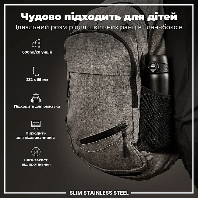 Бутылка для воды металлическая ION8 600 мл. Stainless Steel, Black