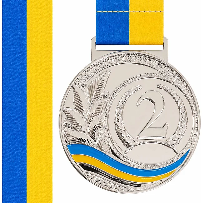 Медаль спортивная с лентой SP-SPORT UKRAINE с украинской символикой C-6826 (Серебряный)