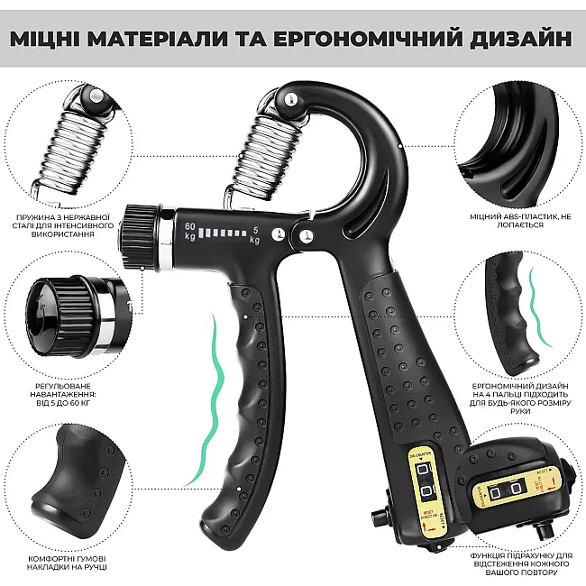 Эспандер кистевой со счетчиком PowerPlay PP-4402 с регулируемой нагрузкой 10-60 кг. Черный