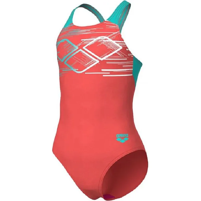 Купальник для девочек Arena PASTIME SWIMSUIT V BACK морковный, бирюзовый, белый