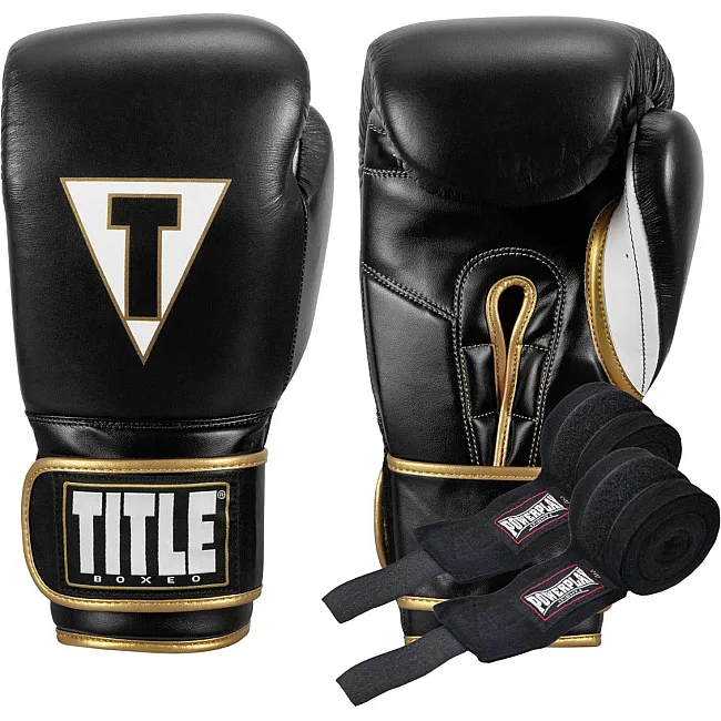Боксерские перчатки TITLE Boxeo Mexican Leather Quatro Black/White (бинты 4м. в комплекте)