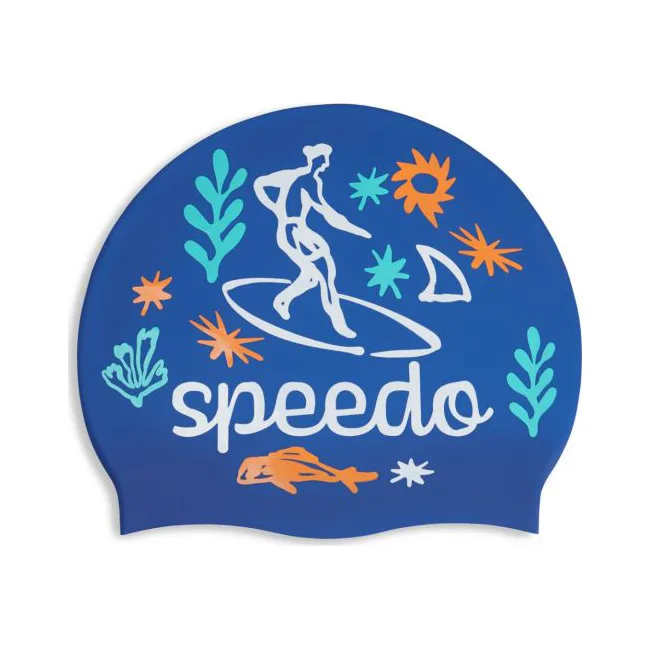 Дитяча шапка для плавання Speedo SLOGAN PRT CAP JU/JF/JM синій, білий OSFM