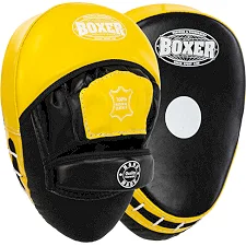 Лапа боксерская изогнутая тренировочная кожа BOXER 2012-01 элит 23х19х4,5см 2штуки (Черный-желтый)