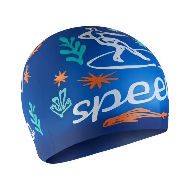 Дитяча шапка для плавання Speedo SLOGAN PRT CAP JU/JF/JM синій, білий OSFM
