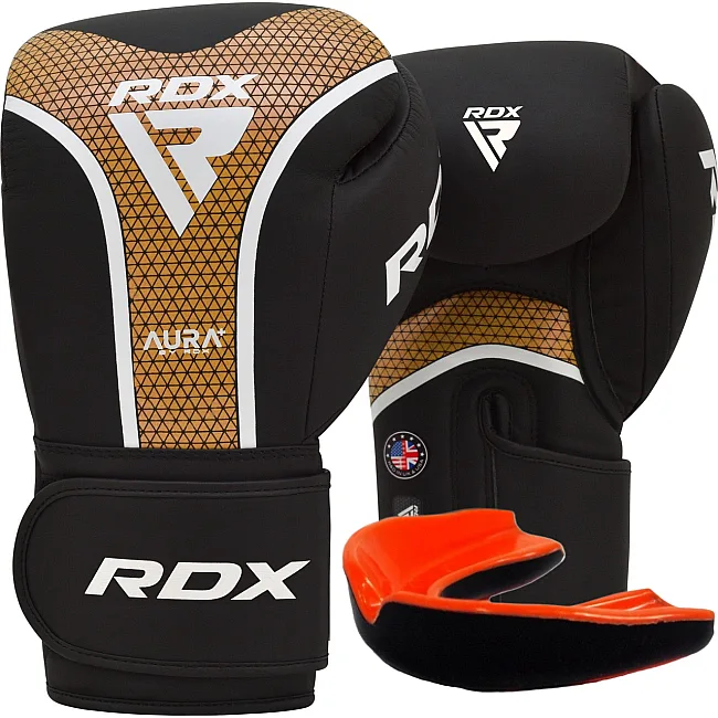 Боксерські рукавиці RDX AURA PLUS T-17 Black Golden (капа в комплекті)