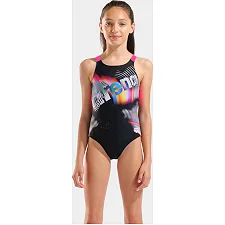 Купальник для девочек Arena LIT LOGO SWIMSUIT V BACK L черный, розовый (для детей)