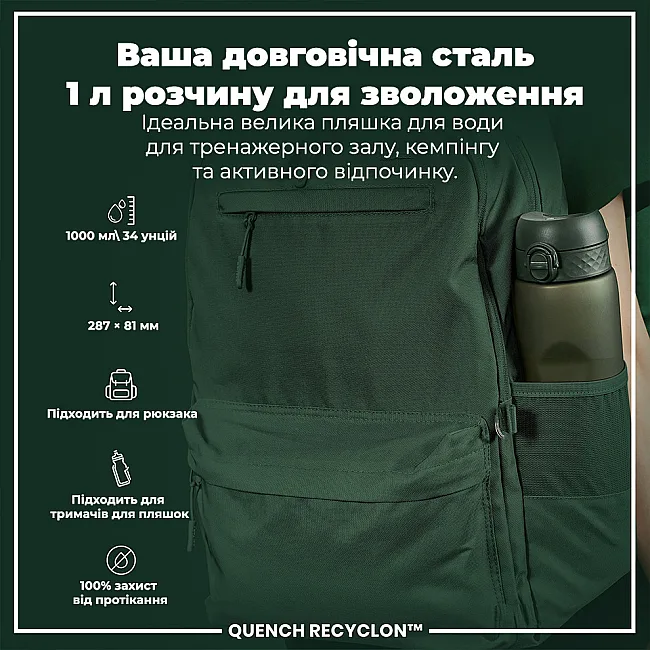 Бутылка для воды ION8 1000мл. (ЭКО бутылка) BPA Free, Dark Green