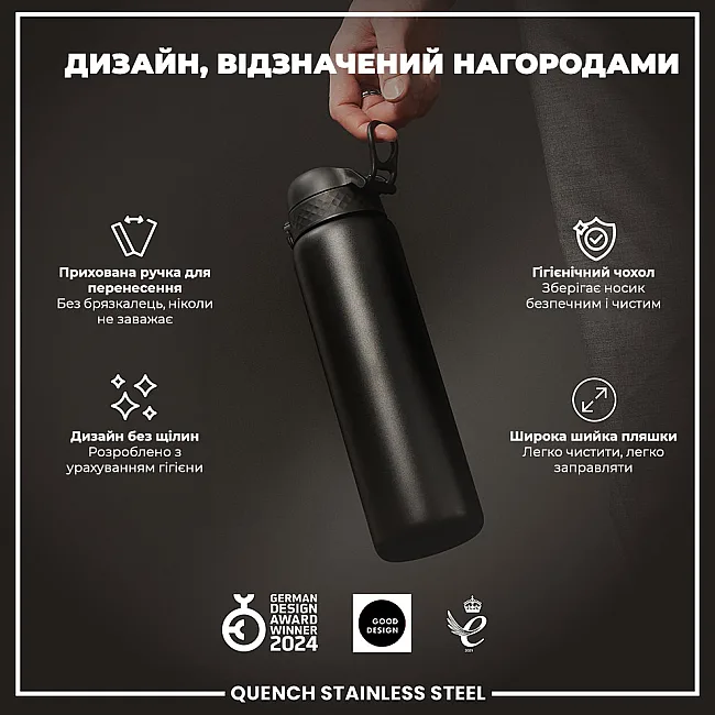 Бутылка для воды металлическая ION8 1200 мл. Stainless Steel, Black