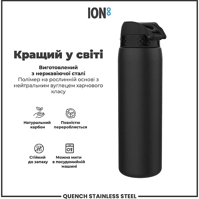 Бутылка для воды металлическая ION8 1200 мл. Stainless Steel, Black